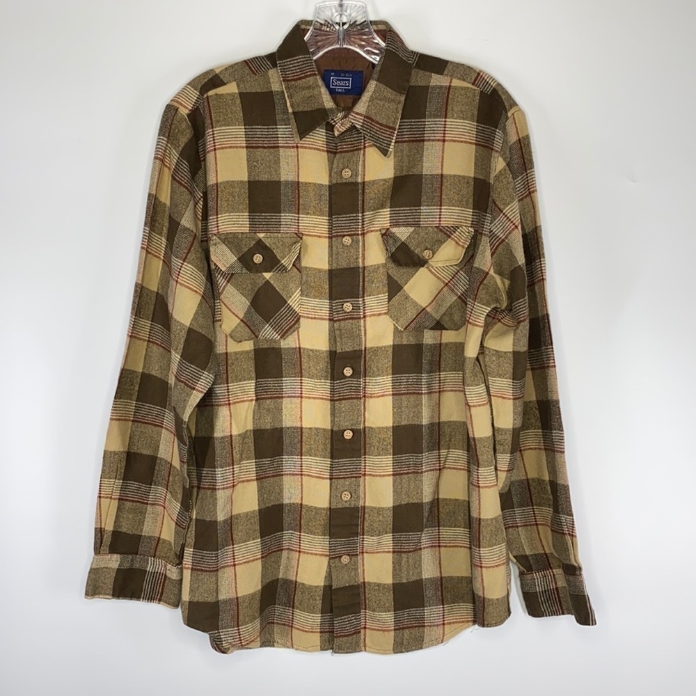 Vintage Sears Brown Plaid Button Up Shirt Size Medium 15-15.5 Tall